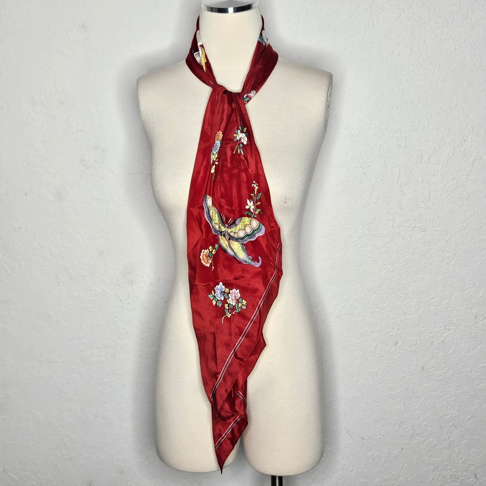 MET The Metropolitan Museum of Art Red Silk Butterfly Floral Scarf Made in Japan